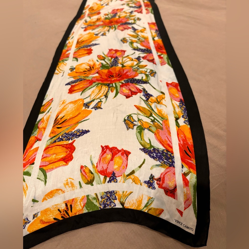 Vince Camuto Silk Scarf. Super Long style. Floral with Black Border 70” x 12”